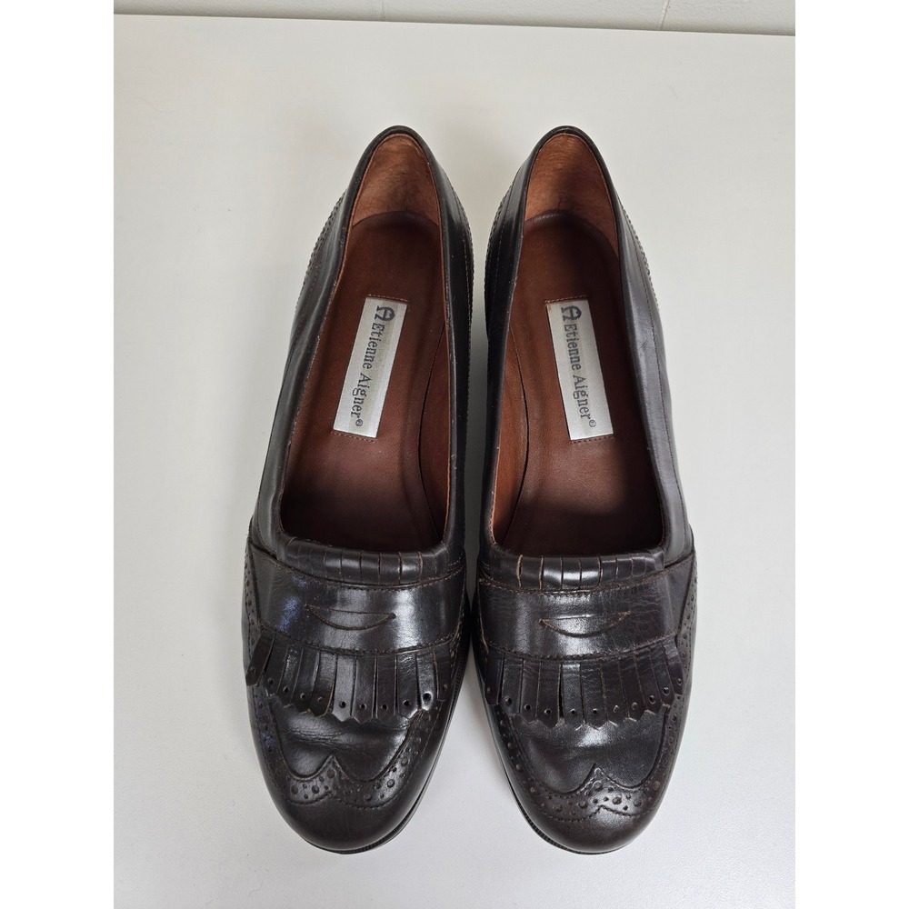 Etienne Aigner Kiltie Fringe Wingtip Brown Leather Penny Loafers Shoes 8.5 M - Picture 4 of 10